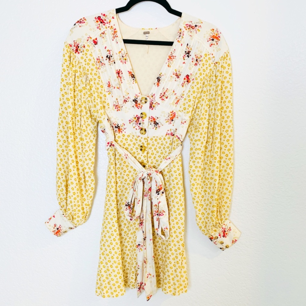 Free People Boho Mini Dress Ivory XS Floral Wonderland Patchwork Western Cottage
